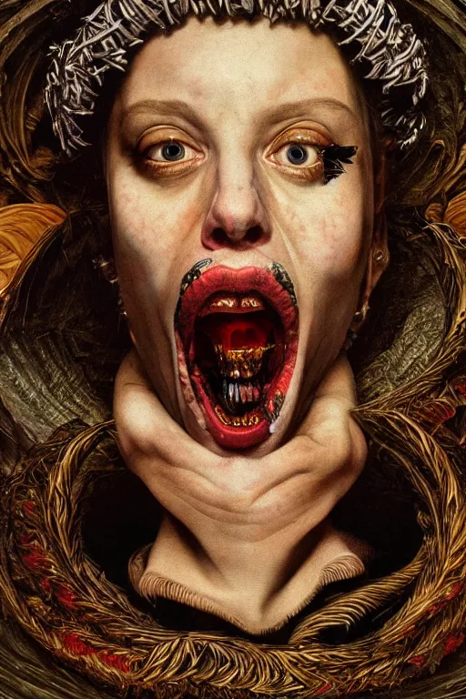 Image similar to Detailed maximalist portrait with large lips and with large white eyes, angry expression, HD mixed media, 3D collage, highly detailed and intricate surrealism, illustration in the style of Caravaggio, dark art, baroque