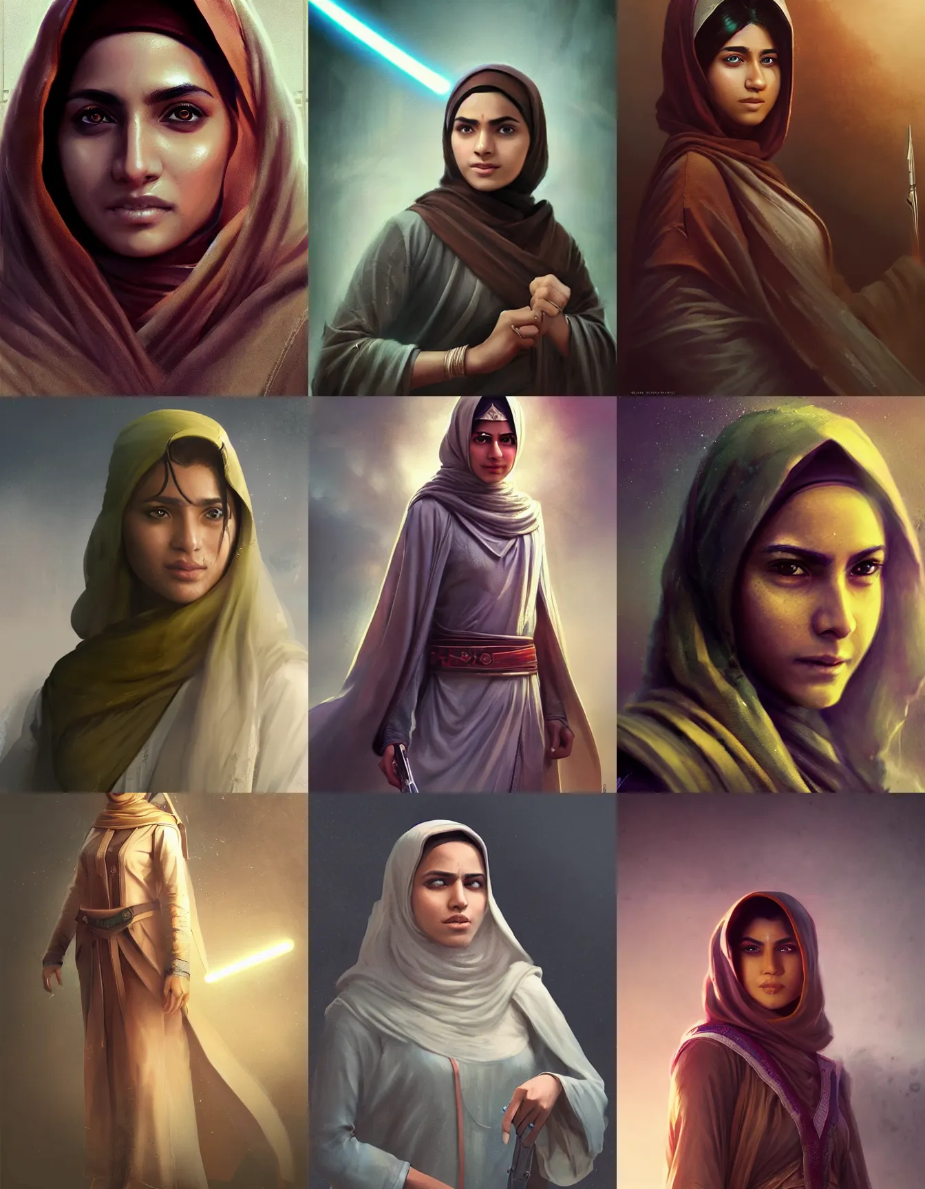 Prompt: young pakistani woman jedi, wearing jedi robes, kurta and hijab, strong, muscular, smiling, digital portrait by greg rutkowski, intricate, soft focus, highly detailed, cinematic, epic, artstation