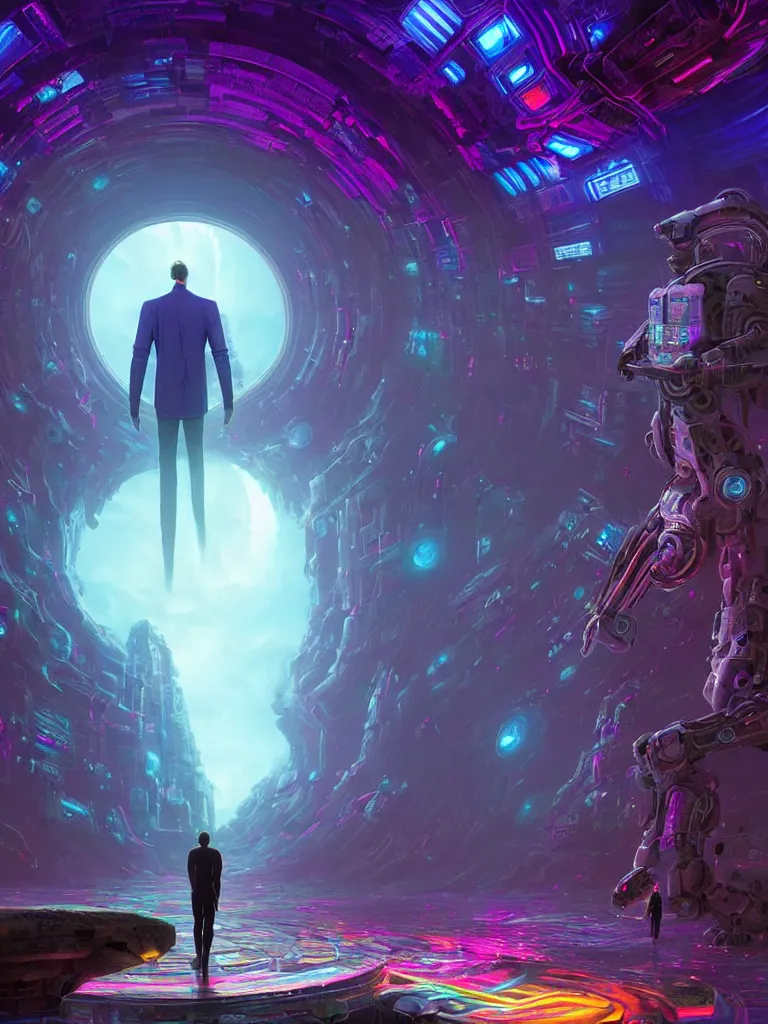 Image similar to entrance to ethereal realm, humans and robots, rendered in unreal engine, central composition, symmetrical composition, dreamy colorful cyberpunk colors, 6 point perspective, fantasy landscape with anthropomorphic!!! terrain!!! in the styles of igor morski, jim warren, and rob gonsalves, intricate, hyperrealistic, volumetric lighting, big sky, distinct horizon