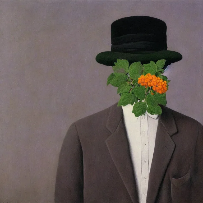 Image similar to portrait of man in a suit with flowers hiding his face by rene magritte, detailed painting, hd, hq, high resolution, high detail, 4 k, 8 k