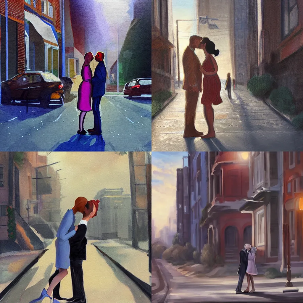 Prompt: tall woman and a man kissing in the middle of suburban street, concept art, highly detailed painting