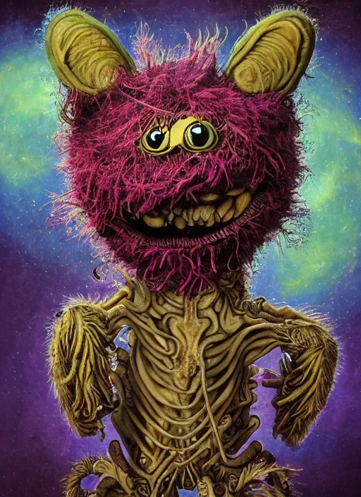 Prompt: a high quality photo of a strange insectoid muppet god with furry fuzzy body and many segmented legs and hypnotic eyes, explosions in the background, absurdist fantasy, sharp focus, vibrant, vivid, symmetry, highly detailed, cinematic, intricate lines, concept art by giger, lisa frank, matt groening
