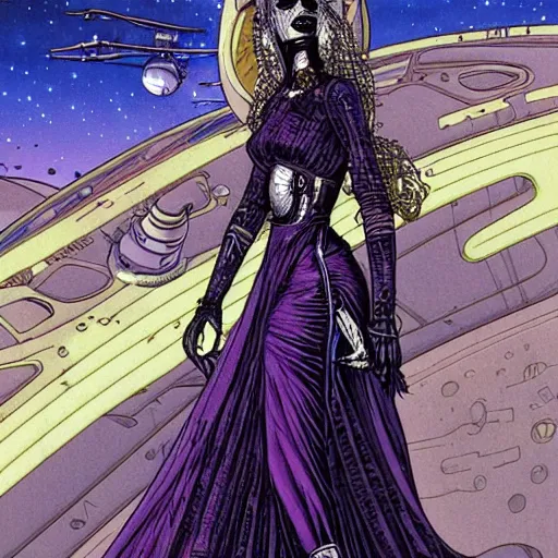 Image similar to dead princess in flowing long dress, in space, broken spaceship in background, futuristic, hi-tech details, style jean giraud, hyperdetailed, dark colors