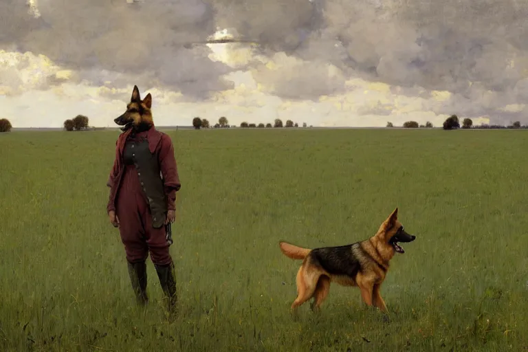 Prompt: farm life portrait of furry anthro anthropomorphic german shepard head animal person fursona wearing clothes on the field in ohio, sunny day, digital art by Nerdrum John, William Waterhouse, Winslow Homer, Alex Heywood, Jordan Grimmer, Darren Quach, Greg Rutkowski, Simon Stalenhag, trending on Artstation, CGSociety