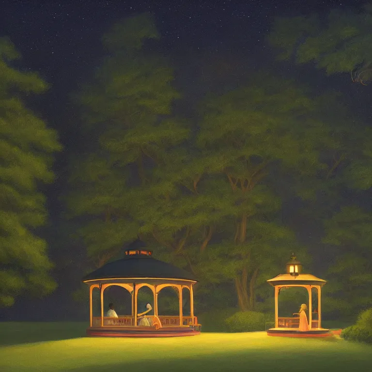 Image similar to a storybook illustration of a beautiful cozy moonlit gazebo, fireflies, quiet night foggy scene painted by Edward Hopper masterpiece, intricate, elegant, fantasy, highly detailed, digital painting, concept art, sharp focus, artstation