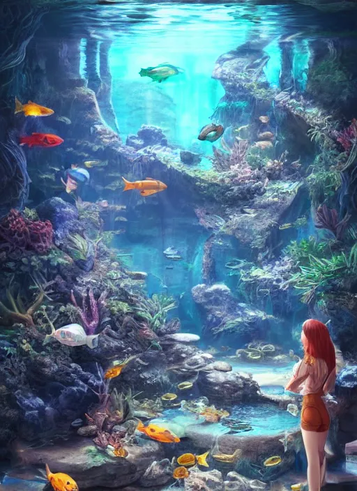 Prompt: people observing lots of beautiful fish in an underground aquarium corridor, in the style of artgerm, fantasy art, ray tracing, water droplets, highly detailed, artstation trend, highly detailed and intricate, sharp focus, photography, unreal engine 5