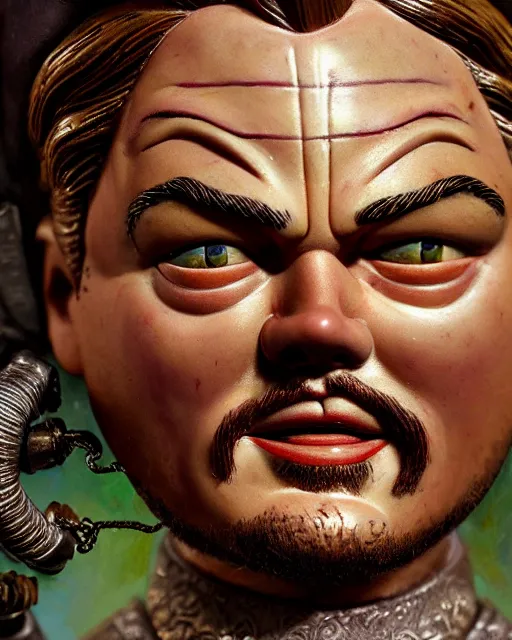 Image similar to highly detailed closeup, face profile portrait of a tin toy leonardo dicaprio as a medieval demon with horns eating cakes in a castle, hyper realistic, artstation, illustration, nicoletta ceccoli, mark ryden, lostfish, dan decarlo, bob clampett, max fleischer, digital paint, matte paint, vivid colors, detailed and intricate environment