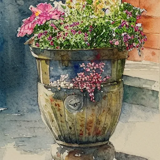 Image similar to a beautifull intricate watercolor painting of potted planter with flowers inside sitting on wet sidewalk, reflexions, high details by william turner art