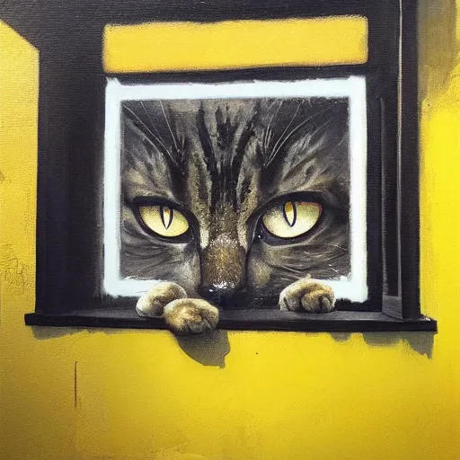 Prompt: giant cat with yellow eyes looking through a window at Jodie Marsh, Greg Rutkowski