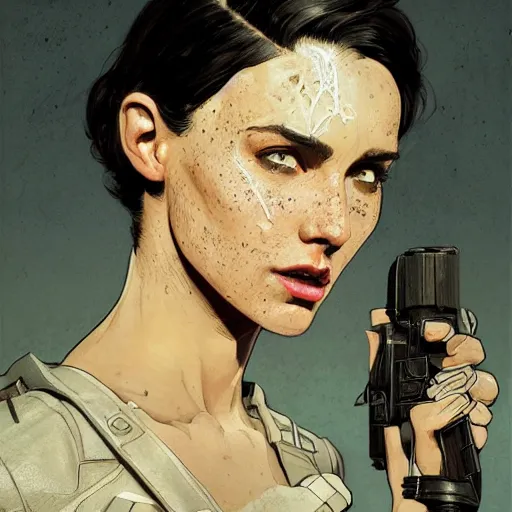 Image similar to Portrait of a dark haired woman with freckles wearing a power suit as a character in Fallout 4, gorgeous, beautiful, intricate, highly detailed, digital painting, artstation, oppressive lighting, concept art, sharp focus, illustration, art by greg rutkowski and alphonse mucha