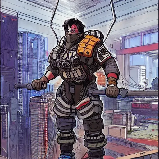 Image similar to Apex legends cyberpunk weight lifter. Concept art by James Gurney and Mœbius.