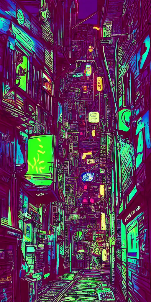 Image similar to cyberpunk alley, pop art, markers, rtx, 8 k, ray tracing, highly detailed, neon, single person