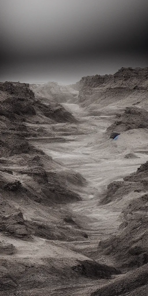 Image similar to dream looking through a hyper realistic photograph of desert canyon, minimal structure, misty, raining, meditative, icelandic valley, river, in the style of reuben wu, roger deakins