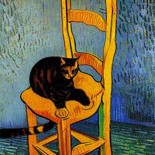 Image similar to painting of a cat on a chair, by Van Gogh