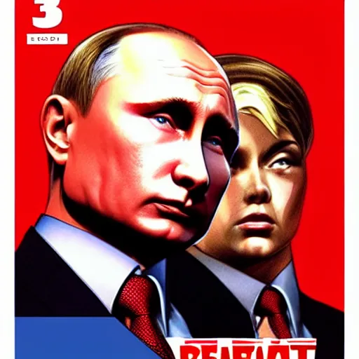 Image similar to vladimir putin in'red alert 3 poster art'' red alert 3 cover art'' red alert box art'