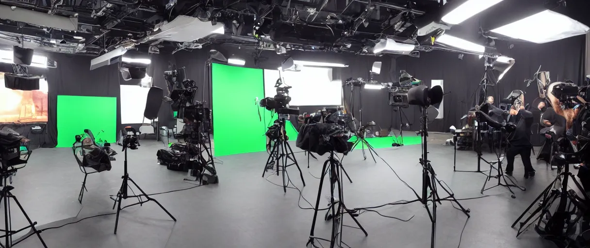 Prompt: photo of a movie set, green screen in the back, cameras and camera operators in the front, studio, movie set, realistic, studio lighting