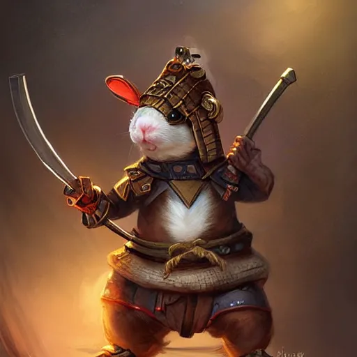 Image similar to cute little anthropomorphic Guinea Pig Samurai , tiny, small, short, Samurai outfit, cute and adorable, pretty, beautiful, DnD character art portrait, matte fantasy painting, DeviantArt Artstation, by Jason Felix by Steve Argyle by Tyler Jacobson by Peter Mohrbacher, cinematic lighting