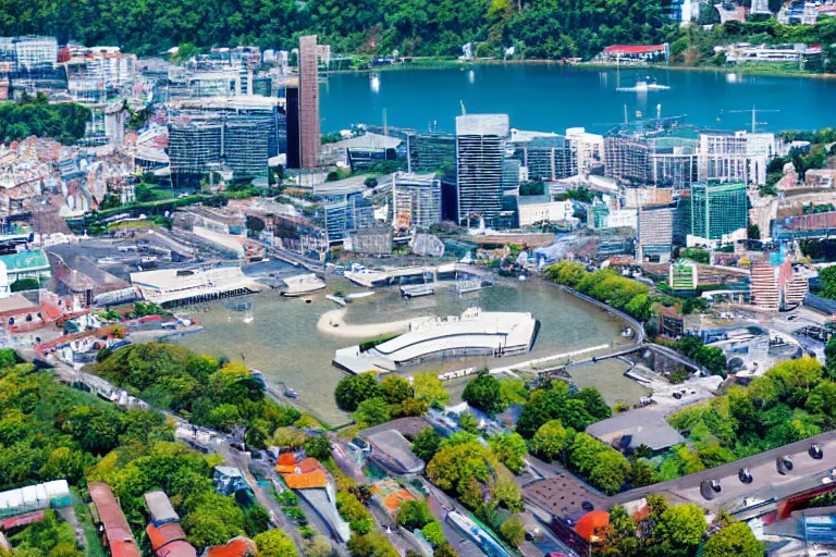 Image similar to bird's eye view photography of a small city. town hall, central farm, monorail station, beach and shipping dock. hills, woods and lake to the north.