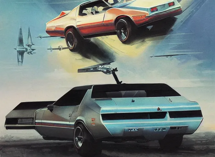 Prompt: ( ( ( ( ( 1 9 8 2 pontiac trans am, car concept art, sci - fi illustration, painting, in the style of star wars and speed racer ) ) ) ) ) by vincent di fate and john berkey and knight rider!!!!!!!
