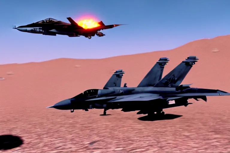 Image similar to a gritty hyperdetailed photorealistic f - 1 8 hornet ground attack aircraft shooting a missile at a small group of vehicles in the desert, volumemetric lighting, cinematic framing, cinematatic lighting, cinematic shadows, in the style of top gun maverick