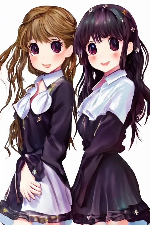 Prompt: two identical beautiful female idols standing face to face, detailed anime art