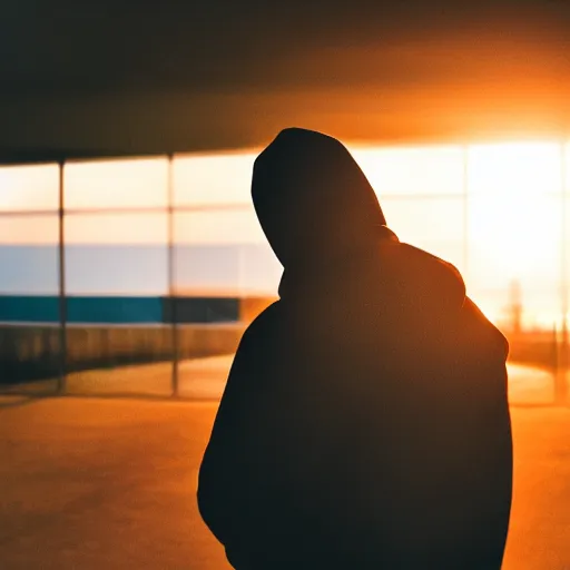 Image similar to cinematic photo of Hooded innocent man, hands behind back, waiting before firing squad, award winning, golden hour