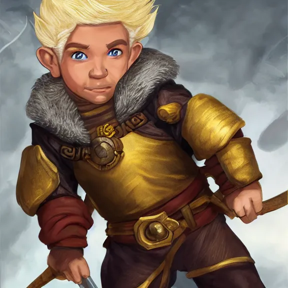 Image similar to Male Halfling with white hair, light brown skin and golden eyes character art, D&D, high detail