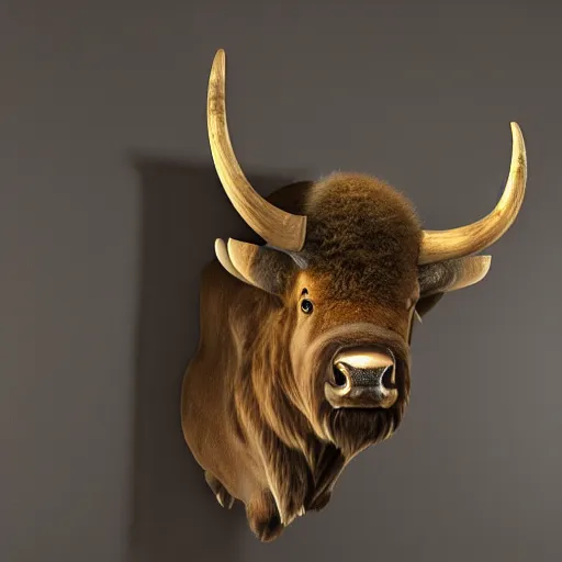 Image similar to hunting trophy bison head in oculus vr nailed to the wall,