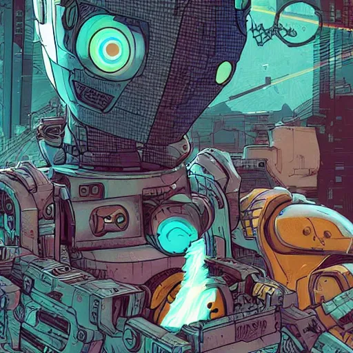 Prompt: half robot half corgi with one laser eye that looks like it's from Borderlands and by Feng Zhu and Loish and Laurie Greasley, Victo Ngai, Andreas Rocha, John Harris