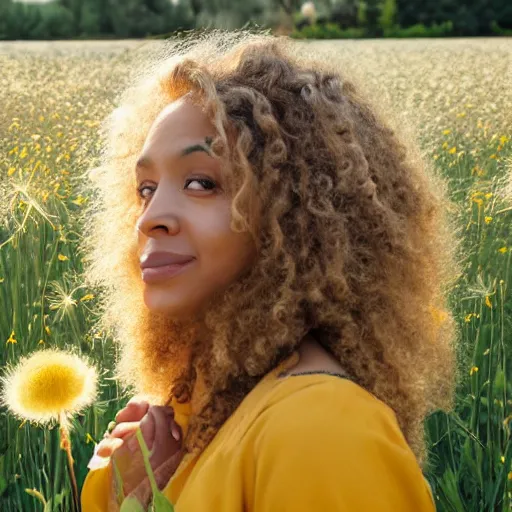 Prompt: a portrait of a beautiful 3 5 year old racially ambiguous woman, curly blond hair, standing in a field of soft focus dandelion flowers on a lovely spring day