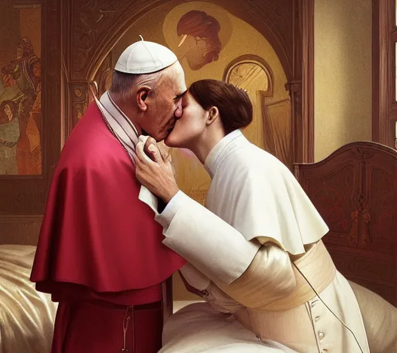 Image similar to photography of a pope kissing a sensual woman in a bedroom, deep focus, elegant, highly detailed, digital painting, artstation, concept art, matte, sharp focus, illustration, art by artgerm and greg rutkowski and alphonse mucha