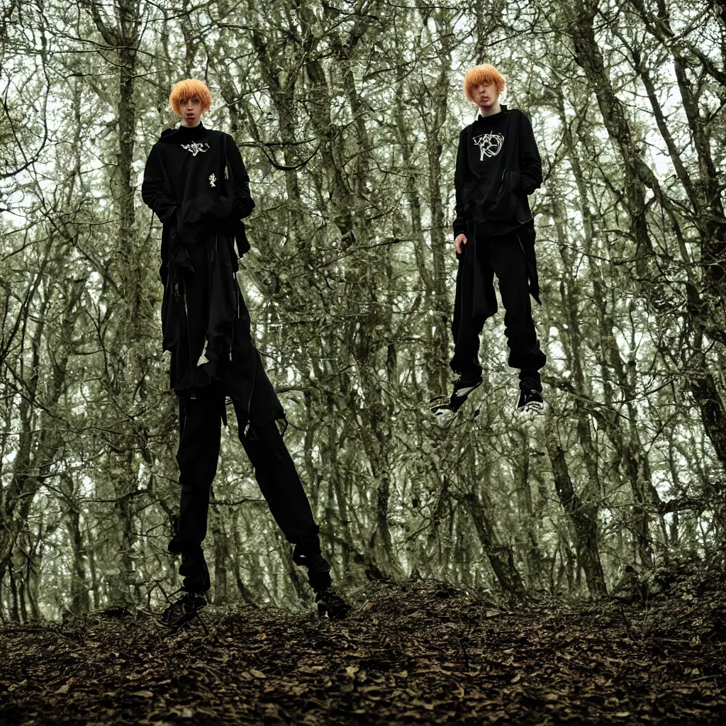 Image similar to cinematic still of bladee in dark forest, XF IQ4, f/1.4, ISO 200, 1/160s, 8K, RAW, dramatic lighting, symmetrical balance, in-frame