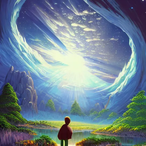 Image similar to the second coming of mister rodgers and bob ross and carl sagan, by dan mumford, yusuke murata, makoto shinkai, ross tran, cosmic, heavenly, god rays, intricate detail, cinematic, 8 k, cel shaded, unreal engine, featured on artstation, pixiv