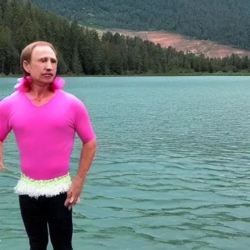 Prompt: ( ( green putin wearing a pink tutu ), on a boat on a lake!!!!!!!!!!!!