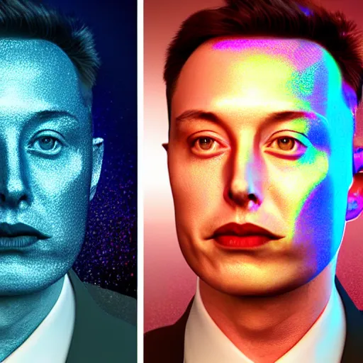 Prompt: 3d render of Elon Musk as a holographic human robotic head made of glossy iridescent, surrealistic 3d illustration of a human face non-binary, non binary model, 3d model human, cryengine, made of holographic texture, holographic material, holographic rainbow, concept of cyborg and artificial intelligence