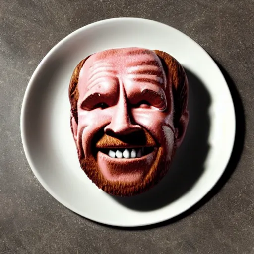 Image similar to chuck roast norris, food photo of chuck norris face carved into chuck roast