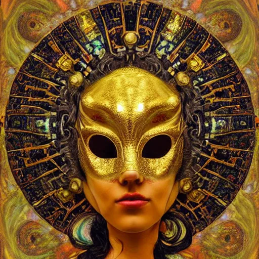 Image similar to Divine Chaos Engine, as a Venetian Carnivale Mask, by Karol Bak, Jean Deville, Gustav Klimt, and Vincent Van Gogh, celestial, visionary, sacred, fractal structures, ornate realistic gilded medieval icon, spirals