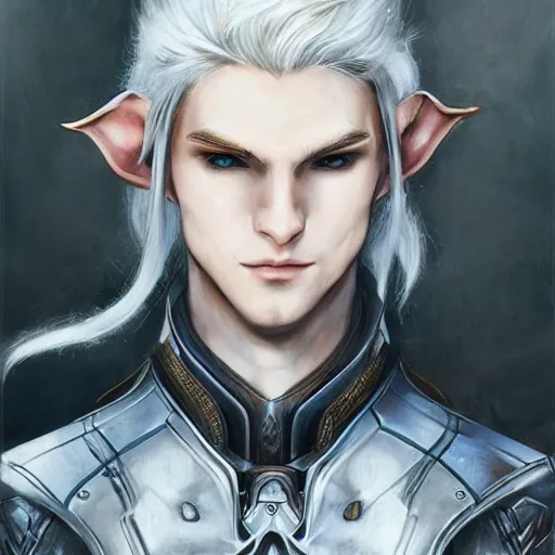 Image similar to portrait of an elf by ayami kojima, he is about 2 0 years old, androgenic, long white hair, slender and tall, smirk, he is wearing a modern tactical gear, scifi, highly detailed portrait, digital painting, artstation, concept art, smooth, sharp foccus ilustration, artstation hq