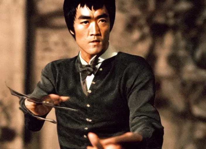 Prompt: a film still of professor bruce lee as albus dumbledore in harry potter