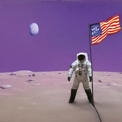 Image similar to A beautiful experimental art of a astronaut standing on a planet with a flag in the background. electric purple, crazing by Sabbas Apterus, by Eadweard Muybridge stormy