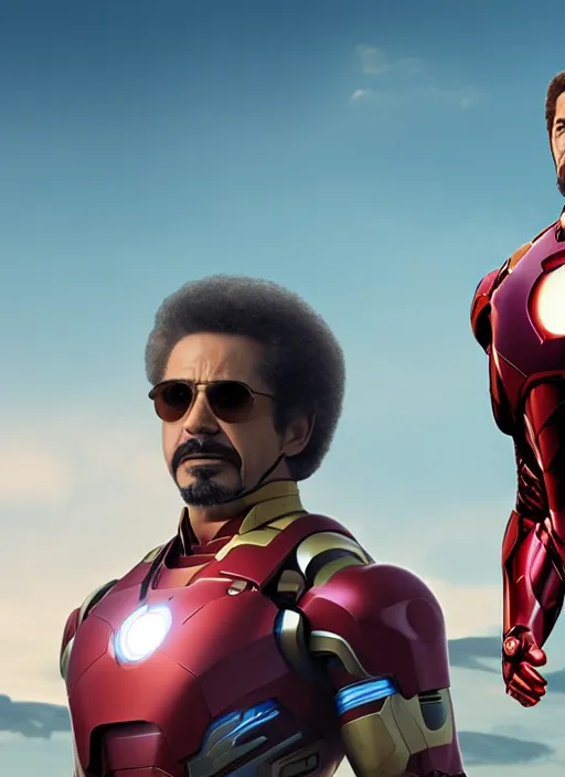 Image similar to film still of Bob Ross as Tony Stark in Iron Man, 4k