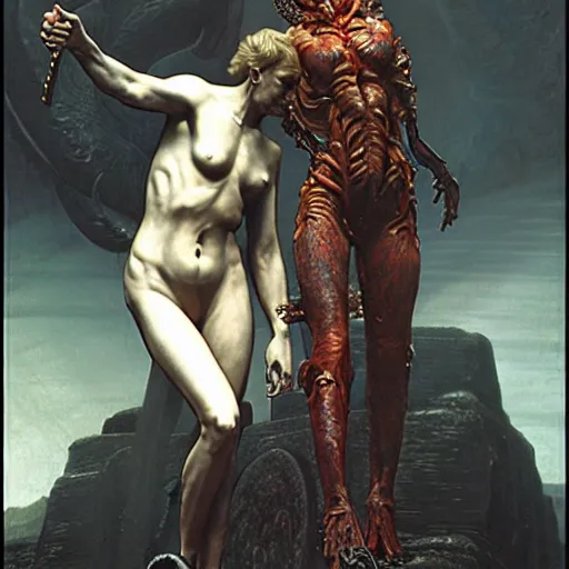 Prompt: still frame from Prometheus movie, Slaanesh succubus godess editorial by wayne barlowe by caravaggio by giger by malczewski