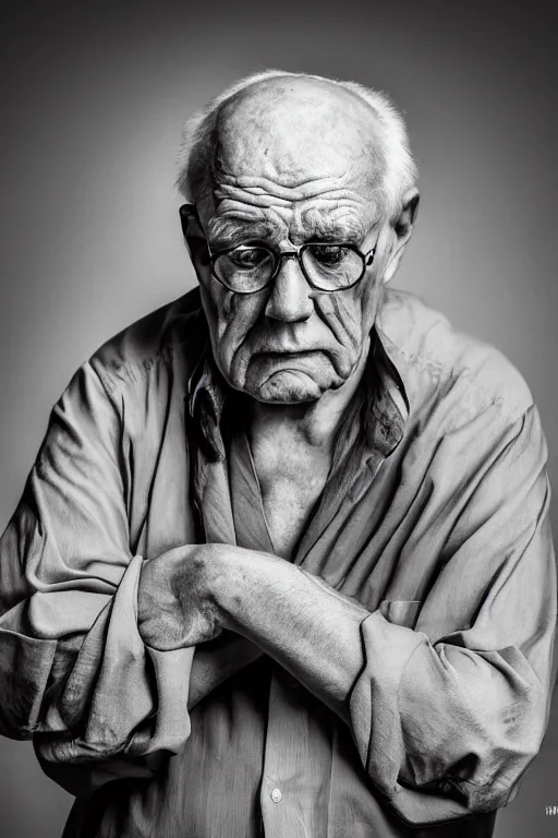 Prompt: a scowling old man, fine - art photography, portrait, award - winning photo, 4 k, 8 k, studio lighting, nikon d 6, 3 5 mm