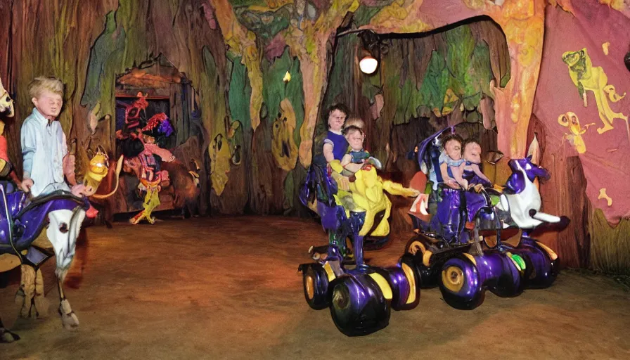 Image similar to 1990s photo of inside the Magic goats haunted house ride at Disney World in Orlando, Florida, children riding on robotic goats through a haunted house, cinematic, UHD