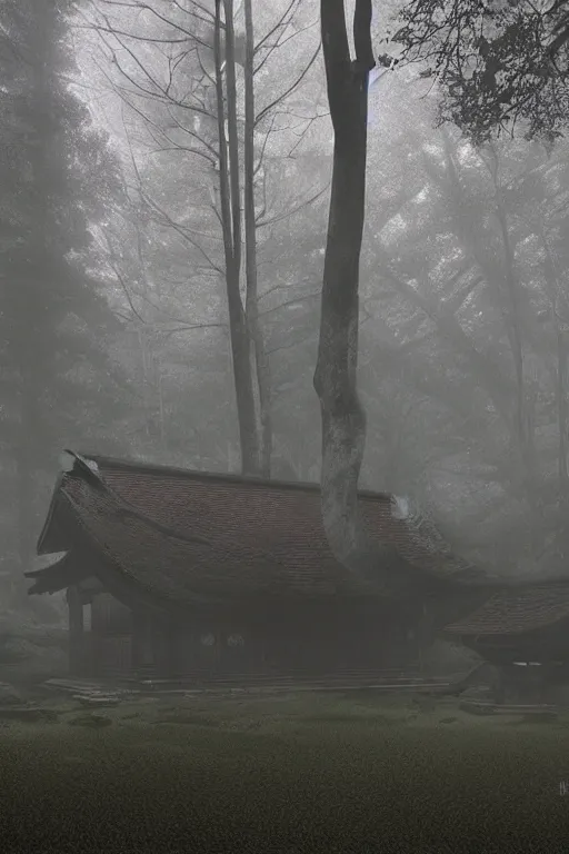 Image similar to Japanese abandoned temple in the woods, dark, moody, foggy, mysterious by Marc Simonetti