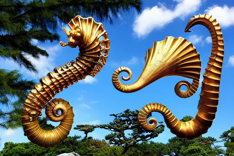 Image similar to a huge flock of many intricate elegant french horn tuba cloud seahorse sculptures, art nouveau japanese garden environment, soothing, milky way, award winning art, epic dreamlike fantasy landscape, ultra realistic,