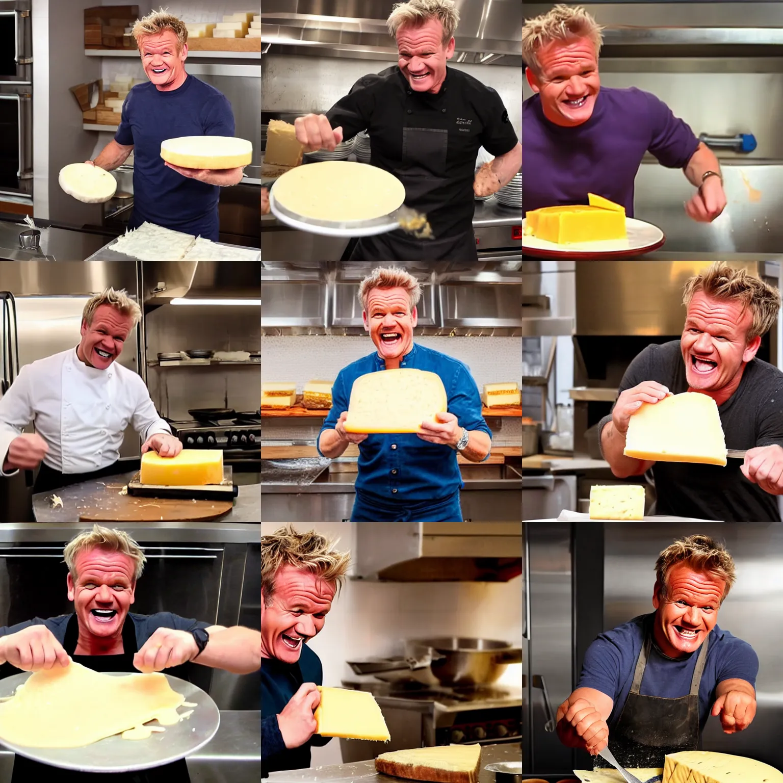 Prompt: gordon ramsey laughing maniacly while shredding cheese on a plate that is overflowing with cheese making a huge mess