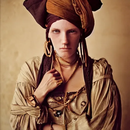 Image similar to beautiful 1 9 th century barbary coast pirate female models with ginger hair and golden hooped earrings photography by steve mccurry