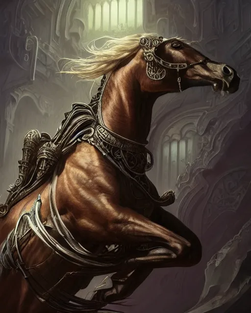 Image similar to horse art by giger, deep focus, d & d, dark fantasy, intricate glow accents, elegant, highly detailed, digital painting, artstation, concept art, matte, sharp focus, 8 k 3 d, hearthstone, art by artgerm and greg rutkowski and alphonse mucha