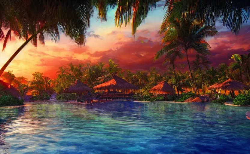 Image similar to a tropical resort in a jungle paradise, with a beautiful red and blue sunset, dynamic lighting, photorealistic fantasy concept art, trending on art station, stunning visuals, creative, cinematic, ultra detailed, ray tracing, sun rays, native tribes, wonderous waters, amazing detail